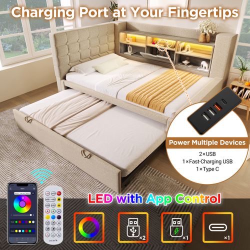 Lit Gigogne 90x200 Cm Avec Tête De Lit Réversible LED Et Rangements Convertible En 180x200 Lin Beige