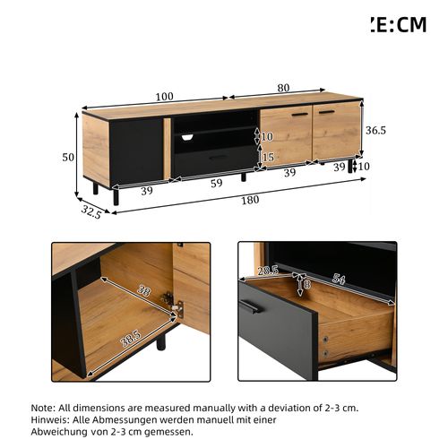 Meuble TV 180x32.5x50 Cm 3 Portes, 1 Tiroir, Noir Bois, Avec 5 Pieds, Pour Téléviseur Jusqu’à 80″