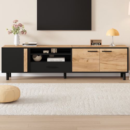 Meuble TV 180x32.5x50 Cm 3 Portes, 1 Tiroir, Noir Bois, Avec 5 Pieds, Pour Téléviseur Jusqu’à 80″