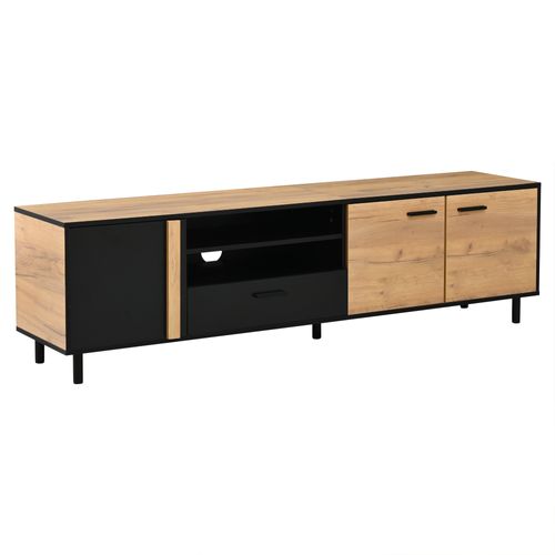 Meuble TV 180x32.5x50 Cm 3 Portes, 1 Tiroir, Noir Bois, Avec 5 Pieds, Pour Téléviseur Jusqu’à 80″