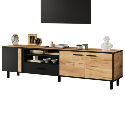 Meuble TV 180x32.5x50 Cm 3 Portes, 1 Tiroir, Noir Bois, Avec 5 Pieds, Pour Téléviseur Jusqu’à 80″