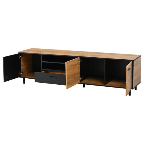 Meuble TV 180x32.5x50 Cm 3 Portes, 1 Tiroir, Noir Bois, Avec 5 Pieds, Pour Téléviseur Jusqu’à 80″