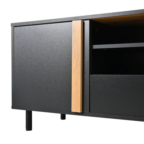 Meuble TV 180x32.5x50 Cm 3 Portes, 1 Tiroir, Noir Bois, Avec 5 Pieds, Pour Téléviseur Jusqu’à 80″