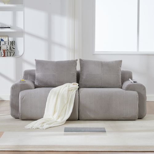 Canapé Modulable 2 Places 200x99x80 Cm, Porte-gobelet Et Rangement Latéral, Tissu, Gris Clair