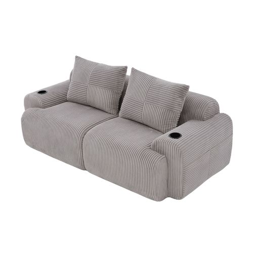 Canapé Modulable 2 Places 200x99x80 Cm, Porte-gobelet Et Rangement Latéral, Tissu, Gris Clair