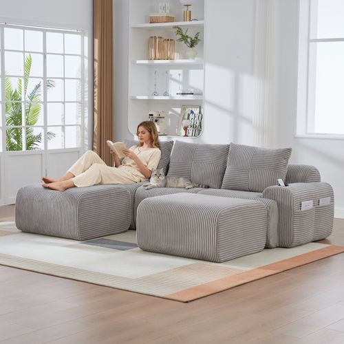 Canapé D'angle Modulable 3 Places 268x174x80 Cm, Canapé En U Avec 2 Repose-pieds, Tissu, Gris Clair