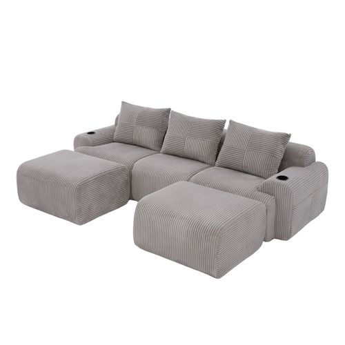Canapé D'angle Modulable 3 Places 268x174x80 Cm, Canapé En U Avec 2 Repose-pieds, Tissu, Gris Clair