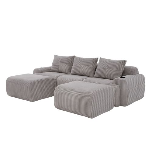 Canapé D'angle Modulable 3 Places 268x174x80 Cm, Canapé En U Avec 2 Repose-pieds, Tissu, Gris Clair