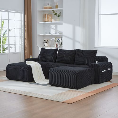 Canapé D'angle Modulable 3 Places 268x174x80 Cm, Canapé En U Avec 2 Repose-pieds, Tissu, Noir