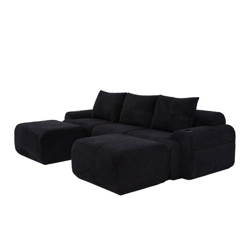Canapé D'angle Modulable 3 Places 268x174x80 Cm, Canapé En U Avec 2 Repose-pieds, Tissu, Noir