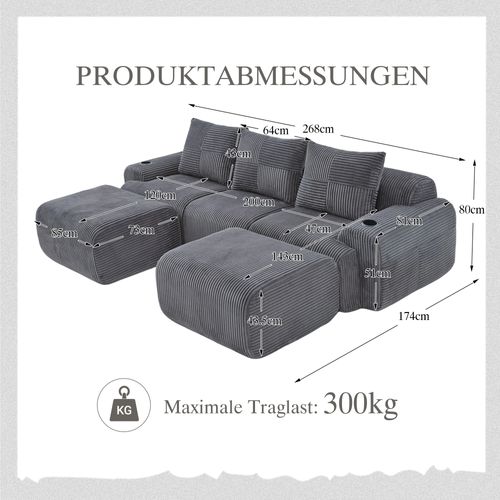 Canapé D'angle Modulable 3 Places 268x174x80 Cm, Canapé En U Avec 2 Repose-pieds, Tissu, Gris Foncé