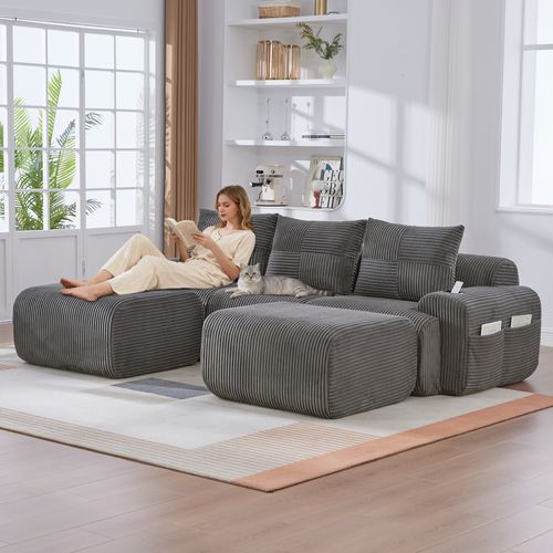 Canapé D'angle Modulable 3 Places 268x174x80 Cm, Canapé En U Avec 2 Repose-pieds, Tissu, Gris Foncé