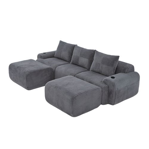 Canapé D'angle Modulable 3 Places 268x174x80 Cm, Canapé En U Avec 2 Repose-pieds, Tissu, Gris Foncé