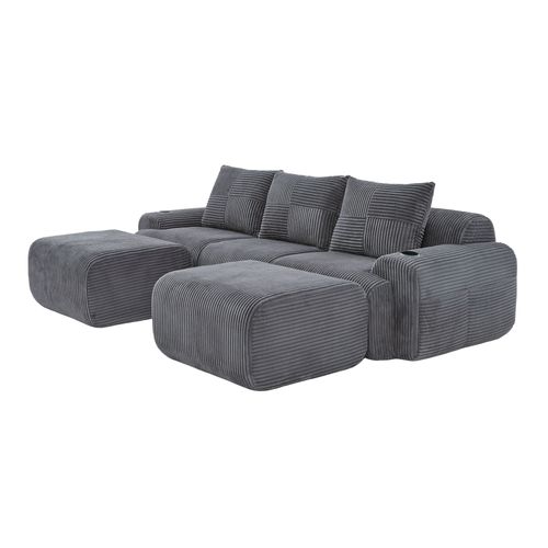 Canapé D'angle Modulable 3 Places 268x174x80 Cm, Canapé En U Avec 2 Repose-pieds, Tissu, Gris Foncé