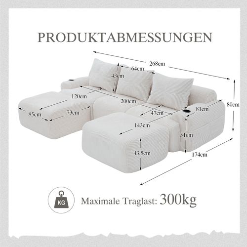 Canapé D'angle Modulable 3 Places 268x174x80 Cm, Canapé En U Avec 2 Repose-pieds, Tissu, Beige