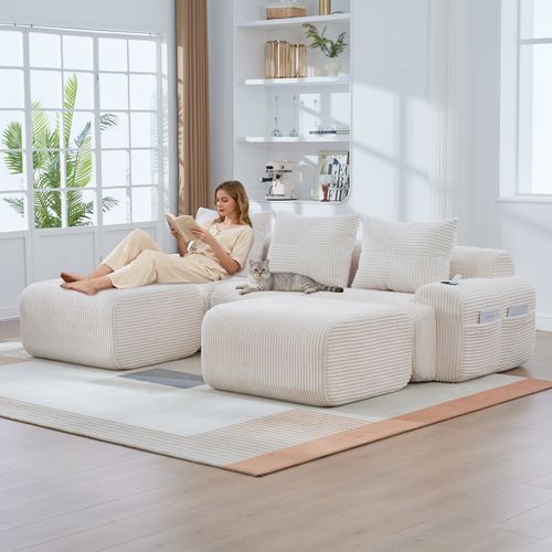 Canapé D'angle Modulable 3 Places 268x174x80 Cm, Canapé En U Avec 2 Repose-pieds, Tissu, Beige