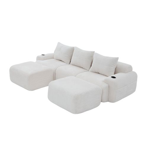 Canapé D'angle Modulable 3 Places 268x174x80 Cm, Canapé En U Avec 2 Repose-pieds, Tissu, Beige