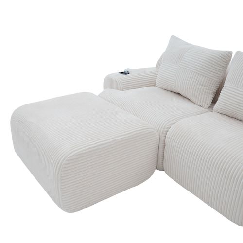 Canapé D'angle Modulable 3 Places 268x174x80 Cm, Canapé En U Avec 2 Repose-pieds, Tissu, Beige