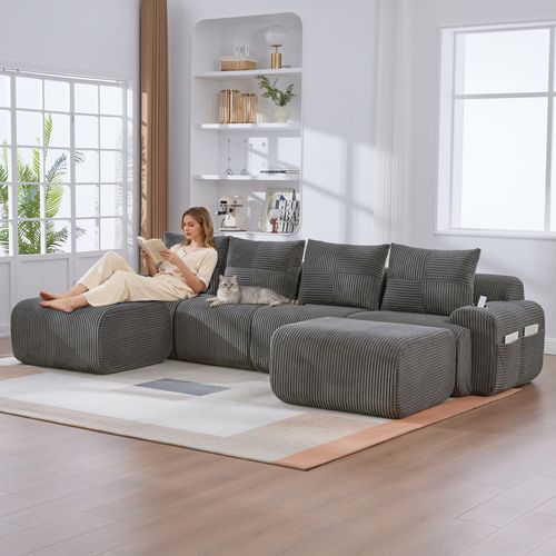 Canapé D'angle Modulable 4 Places 333x174x80 Cm, Canapé En U Avec 2 Repose-pieds, Tissu, Gris Foncé