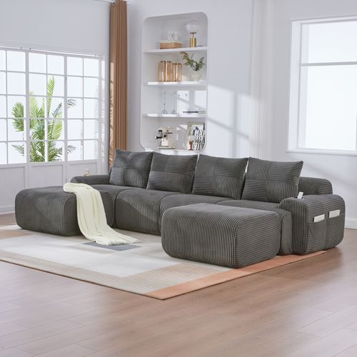 Canapé D'angle Modulable 4 Places 333x174x80 Cm, Canapé En U Avec 2 Repose-pieds, Tissu, Gris Foncé