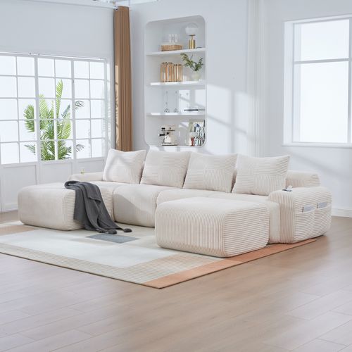 Canapé D'angle Modulable 4 Places 333x174x80 Cm, Canapé En U Avec 2 Repose-pieds, Tissu, Beige