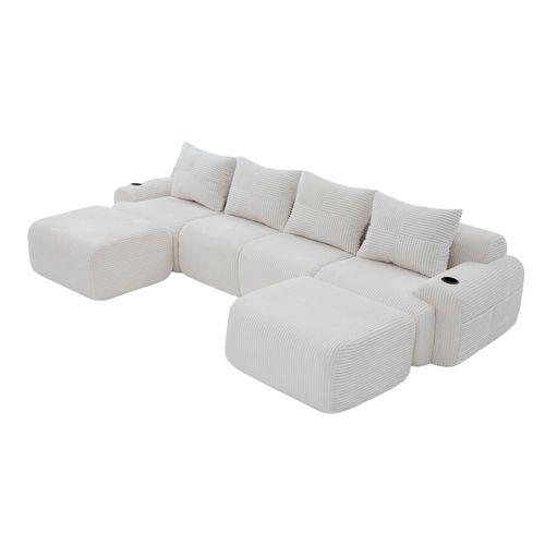 Canapé D'angle Modulable 4 Places 333x174x80 Cm, Canapé En U Avec 2 Repose-pieds, Tissu, Beige