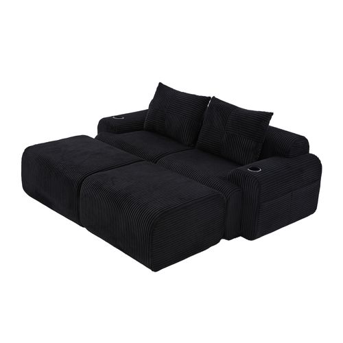 Canapé D'angle Modulable 2 Places 200x174x80 Cm, Canapé En L Avec 2 Repose-pieds, Tissu, Noir