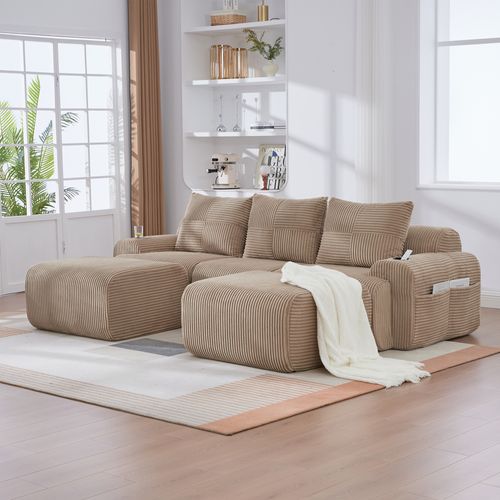 Canapé D'angle Modulable 3 Places 268x174x80 Cm, Canapé En U Avec 2 Repose-pieds, Tissu, Kaki