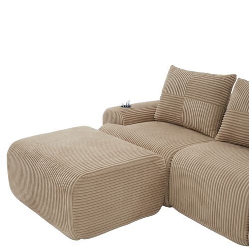 Canapé D'angle Modulable 3 Places 268x174x80 Cm, Canapé En U Avec 2 Repose-pieds, Tissu, Kaki
