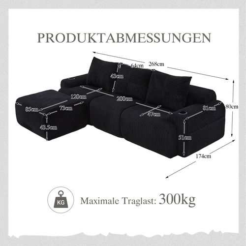 Canapé D'angle Modulable 3 Places 268x174x80 Cm, Canapé En L Avec Repose-pieds, Tissu, Noir