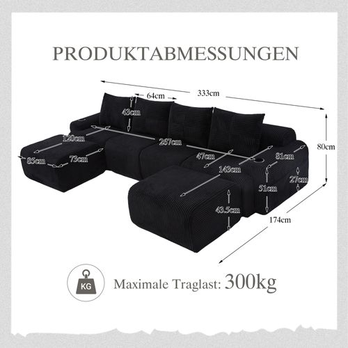 Canapé D'angle Modulable 4 Places 333x174x80 Cm, Canapé En U Avec 2 Repose-pieds, Tissu, Noir