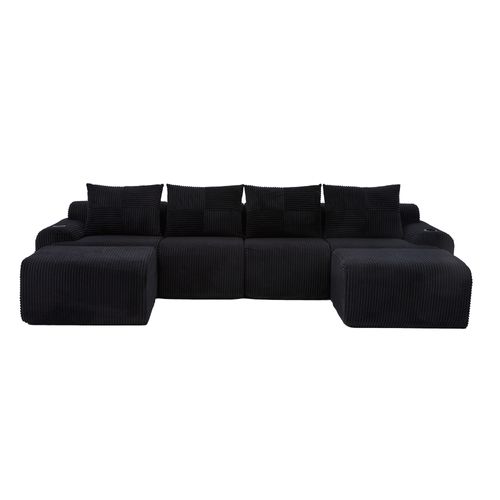 Canapé D'angle Modulable 4 Places 333x174x80 Cm, Canapé En U Avec 2 Repose-pieds, Tissu, Noir