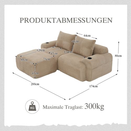 Canapé D'angle Modulable 2 Places 200x174x80 Cm, Canapé En L Avec Repose-pieds, Tissu, Kaki