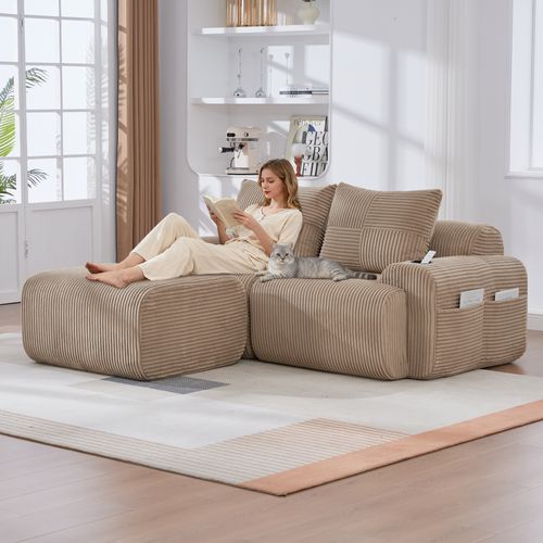 Canapé D'angle Modulable 2 Places 200x174x80 Cm, Canapé En L Avec Repose-pieds, Tissu, Kaki
