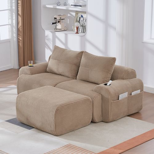 Canapé D'angle Modulable 2 Places 200x174x80 Cm, Canapé En L Avec Repose-pieds, Tissu, Kaki