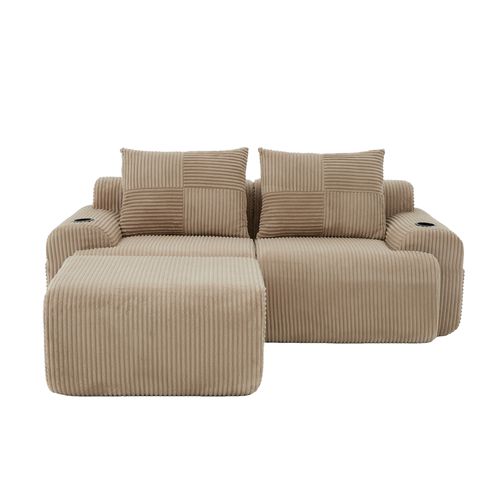 Canapé D'angle Modulable 2 Places 200x174x80 Cm, Canapé En L Avec Repose-pieds, Tissu, Kaki