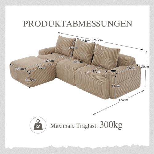 Canapé angle Modulable 3 Places 268x174x80 Cm, Canapé En L Avec Repose-pieds, Tissu, Kaki