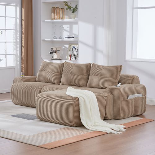 Canapé angle Modulable 3 Places 268x174x80 Cm, Canapé En L Avec Repose-pieds, Tissu, Kaki