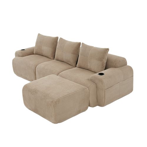 Canapé angle Modulable 3 Places 268x174x80 Cm, Canapé En L Avec Repose-pieds, Tissu, Kaki