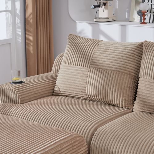 Canapé angle Modulable 3 Places 268x174x80 Cm, Canapé En L Avec Repose-pieds, Tissu, Kaki