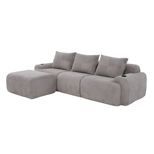 Canapé D'angle Modulable 3 Places 268x174x80 Cm, Canapé En L Avec Repose-pieds, Tissu, Gris Clair