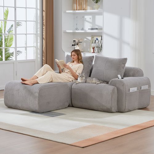 Canapé D'angle Modulable 2 Places 200x174x80 Cm, Canapé En L Avec Repose-pieds, Tissu, Gris Clair