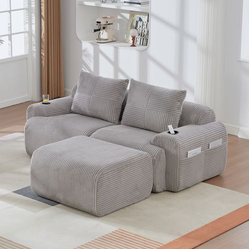 Canapé D'angle Modulable 2 Places 200x174x80 Cm, Canapé En L Avec Repose-pieds, Tissu, Gris Clair