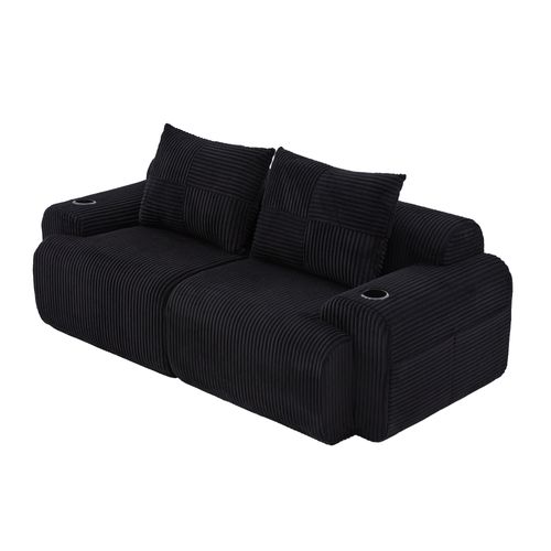Canapé Modulable 2 Places 200x99x80 Cm Avec Porte-gobelet Et Rangement Latéral, Tissu, Noir