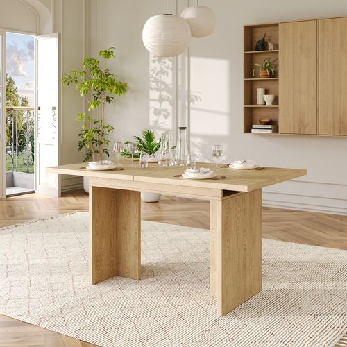 Table à Manger Extensible 140/180x80 Cm Avec Plateau Épais, Rangement Caché, En Mdf, Couleur Chêne