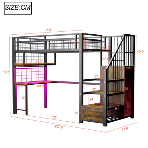 Lit Mezzanine Enfant 90x200 Cm, Lit Simple Avec Étagères, Prise, Bureau Et LED, Métal, Noir