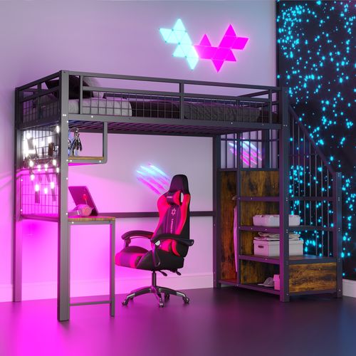 Lit Mezzanine Enfant 90x200 Cm, Lit Simple Avec Étagères, Prise, Bureau Et LED, Métal, Noir