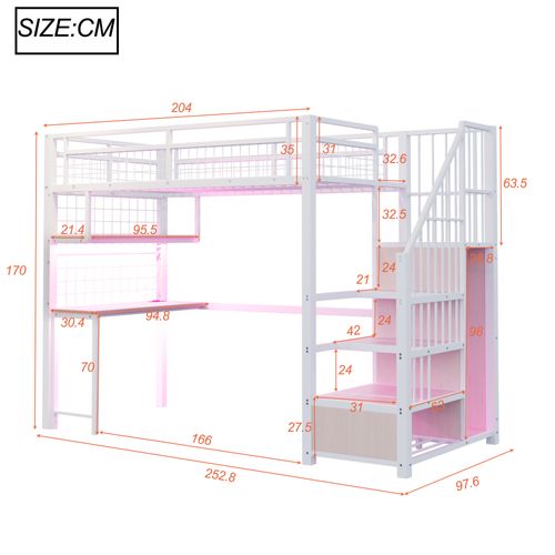 Lit Mezzanine Enfant 90x200 Cm, Lit Simple Avec Étagères, Prise, Bureau Et LED, Métal, Blanc