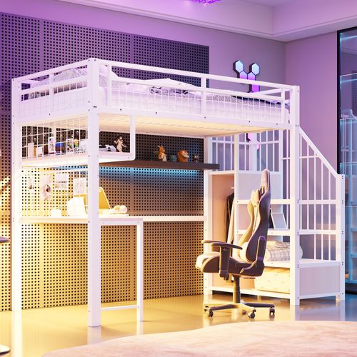 Lit Mezzanine Enfant 90x200 Cm, Lit Simple Avec Étagères, Prise, Bureau Et LED, Métal, Blanc