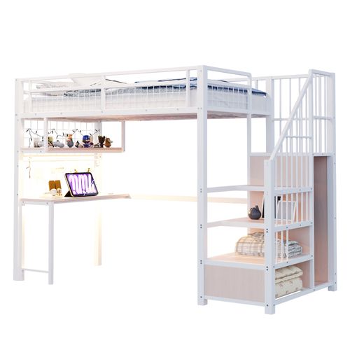 Lit Mezzanine Enfant 90x200 Cm, Lit Simple Avec Étagères, Prise, Bureau Et LED, Métal, Blanc